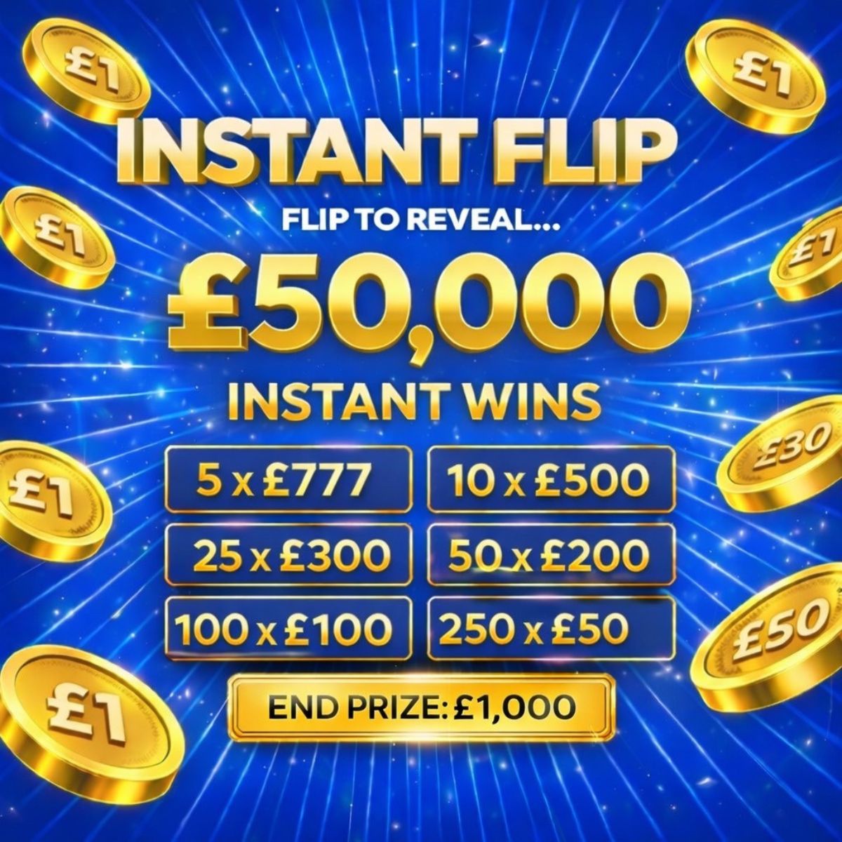 £50,000 TAX FREE CASH BANK + £1,000 END PRIZE (ULTRA-LOW MARKUP = 1.47)