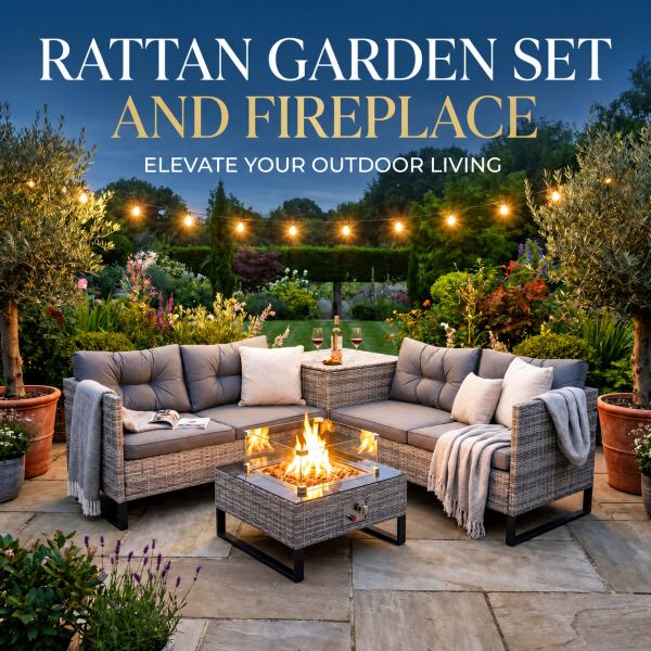 RATTAN SOFA & FIRE PIT GARDEN SET!