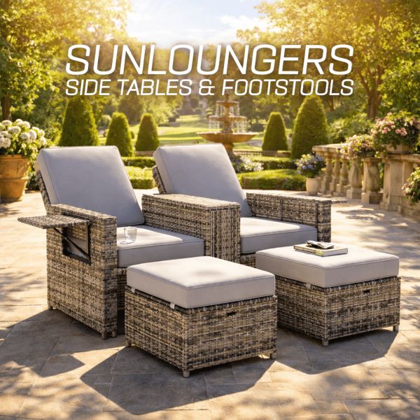 Rattan Reclining Sun Loungers With Side Tables & Footstools