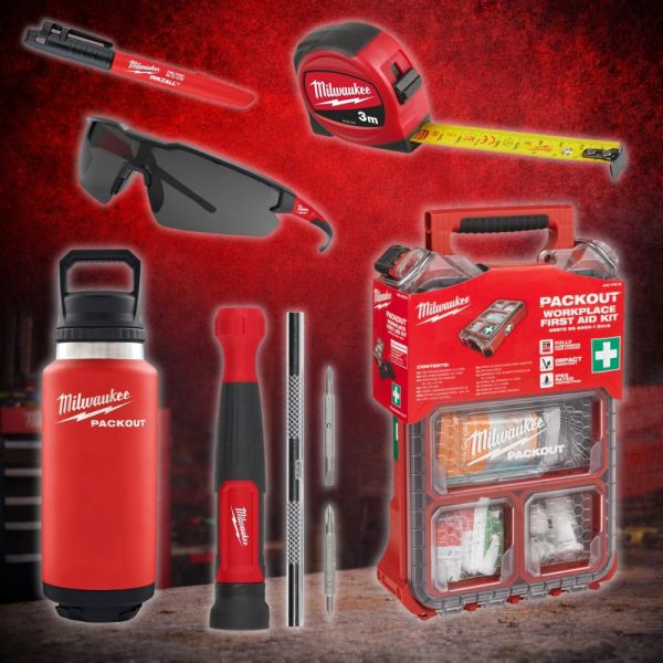 Auto Draw – Milwaukee PACKOUT Workplace First Aid Kit & 5 Piece Mixed Hand Tool Set with PACKOUT Bottle