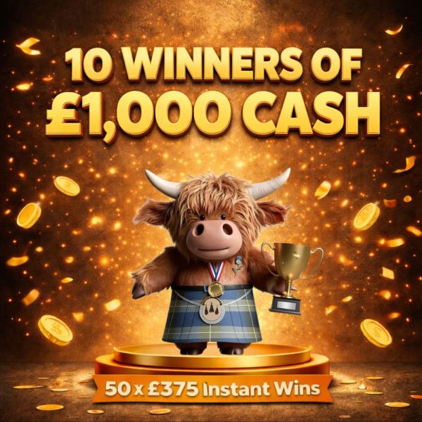 10 Winners of £1,000 Cash + 50 x £375 instant wins!