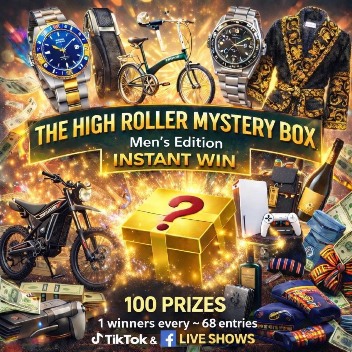 The High Roller Mystery Box Instant Win – Men’s Edition LOW ODDS (100 Prizes, Ultra Low Markup = 1.4)