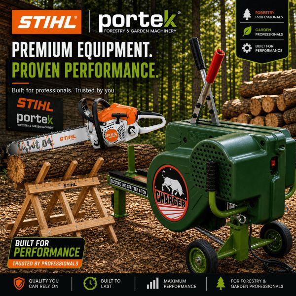 Portek Log Splitter, Stihl Chainsaw & Stihl Wooden Sawhorse