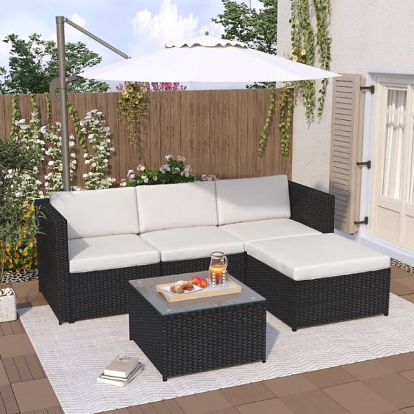Rattan Patio Garden Corner Sofa and Table Black