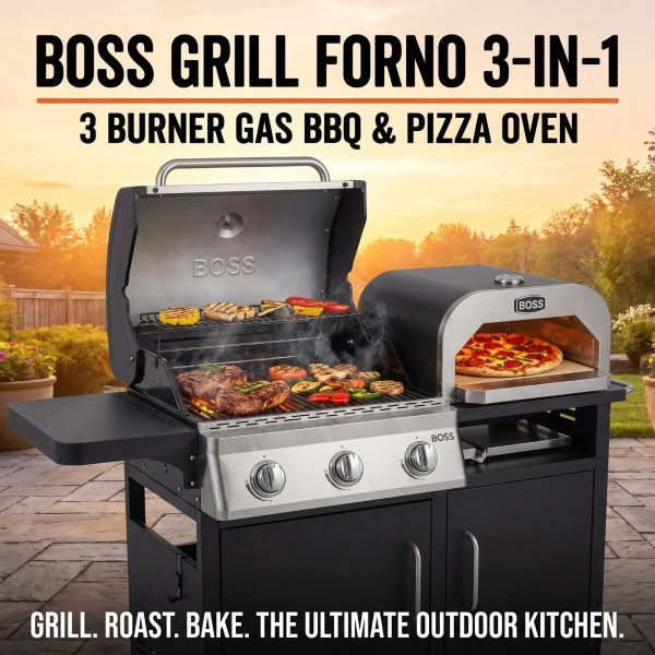 BOSS GRILL FORNO 3-IN-1 GAS BBQ WITH PIZZA OVEN!
