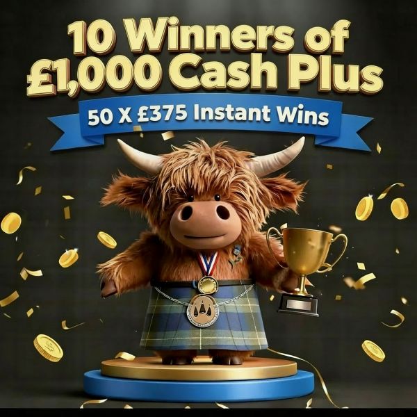 10 Winners of £1,000 Cash + 50 x £375 instant wins!