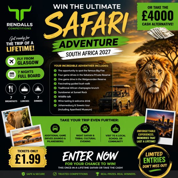 Win a South African Safari for 2 or £4000 Cash Alternative