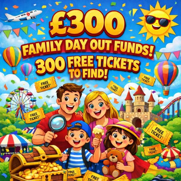 £300 FAMILY DAY OUT FUNDS – 300 FREE TICKETS TO FIND