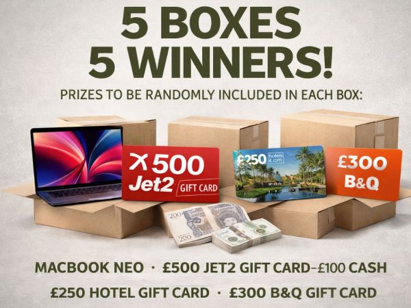 5 Boxes, 5 Mystery Prizes. Prize pool of £1750! Just 69p to play.
