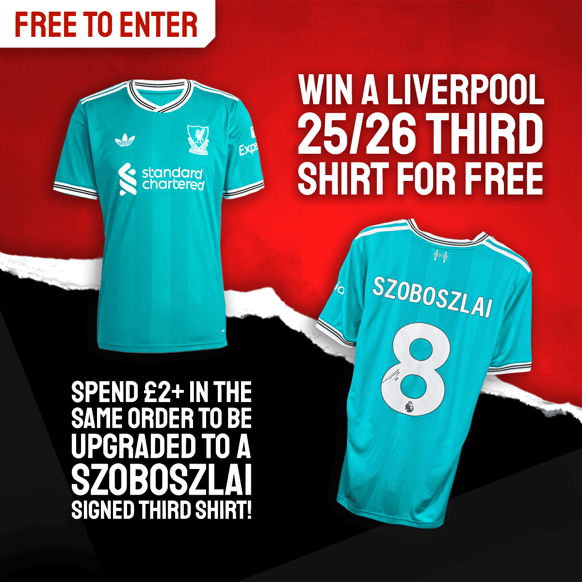 Win a Liverpool 25/26 Third Shirt for Free! Spend £2+ in the same order to upgrade to a Dominik Szoboszlai Signed Liverpool Third Shirt