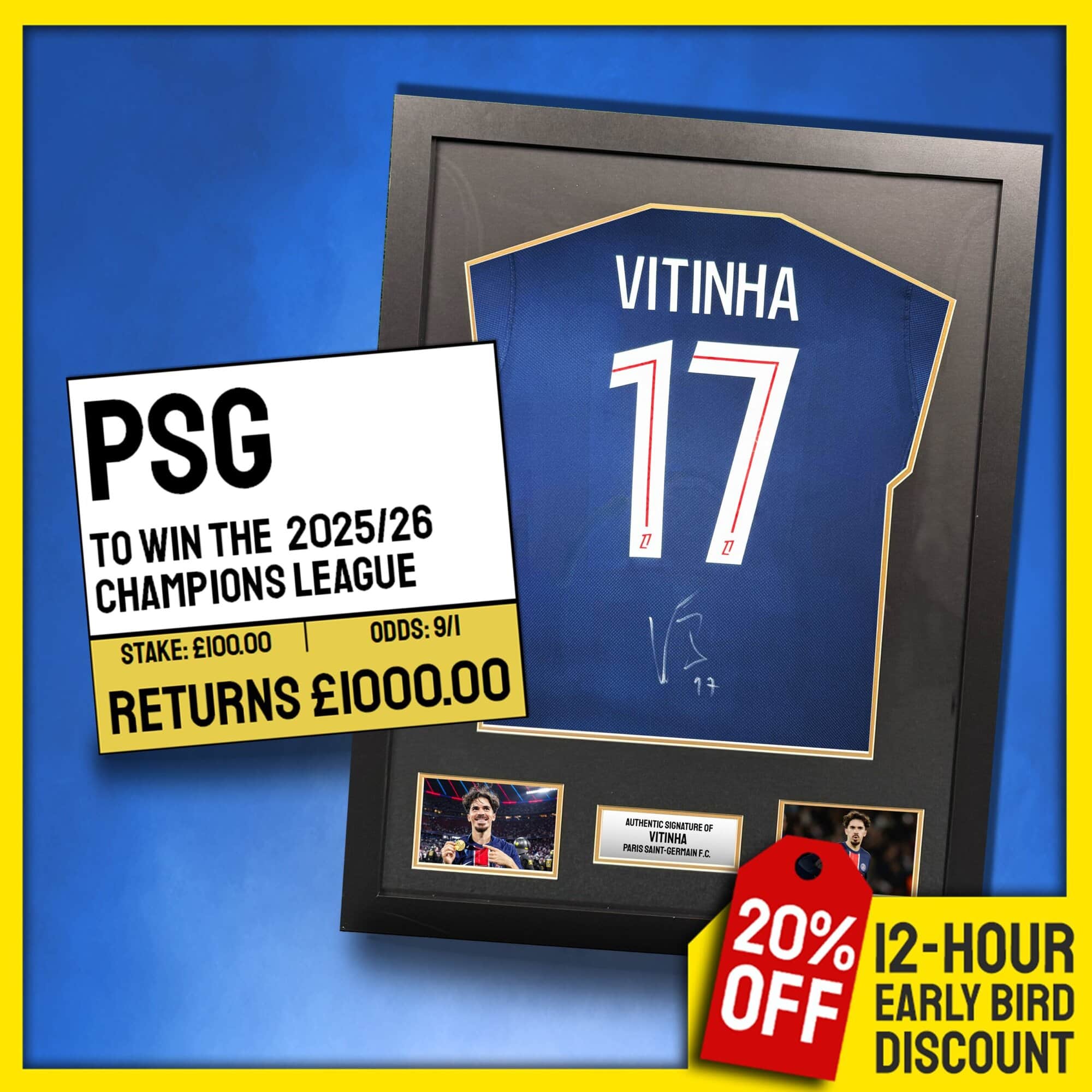 Vitinha Signed & Framed PSG Shirt PLUS £100 Bet!