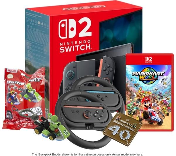 NINTENDO Switch 2, Super Mario Keychain, Mario Kart World, Backpack Buddies & Joy-Con Racing Wheels Bundle