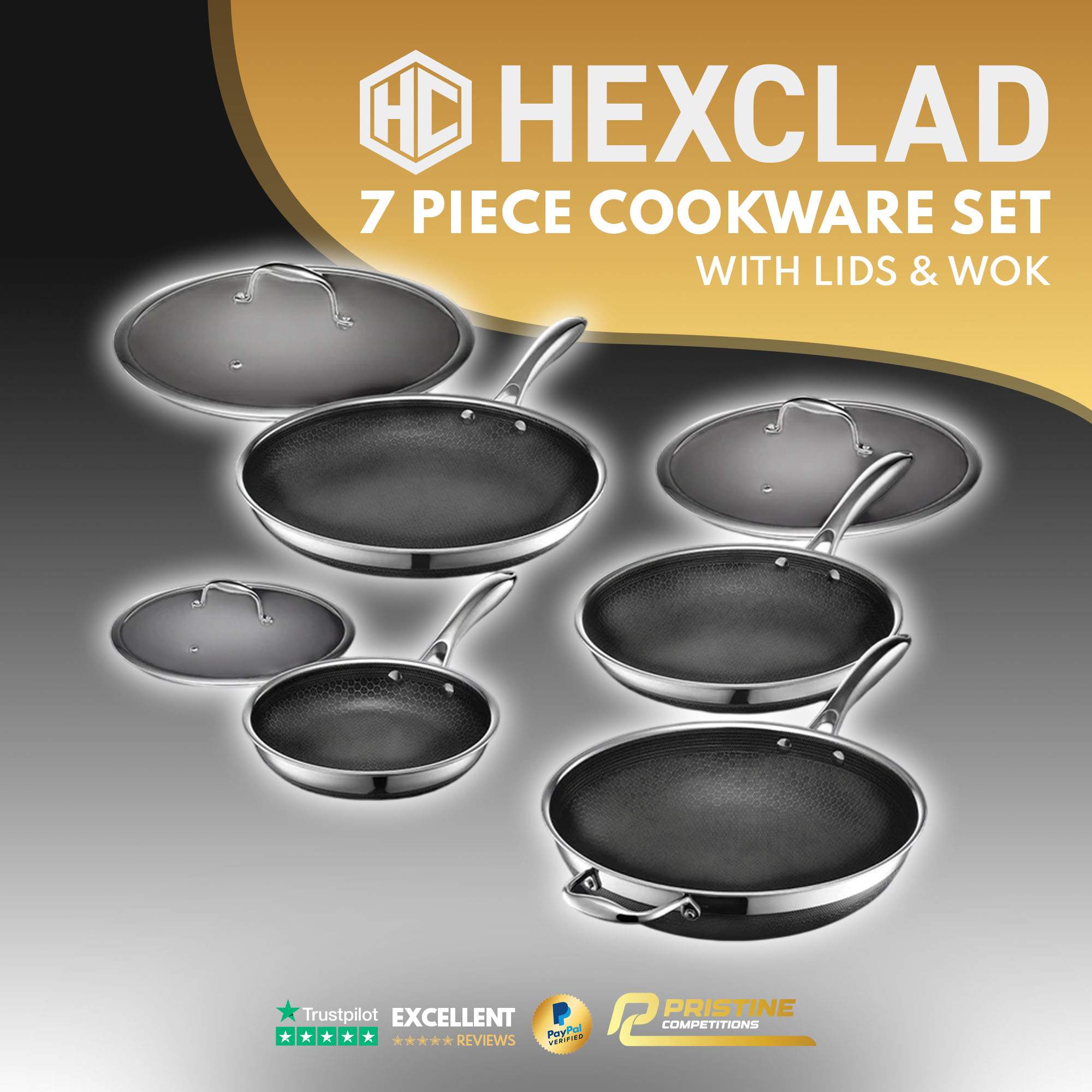7 pc HexClad Hybrid Cookware Set w/ Lids & Wok