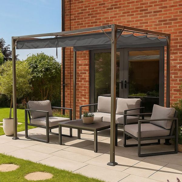 Outdoor Free Standing Pergola with Retractable Water-Resistant Canopy