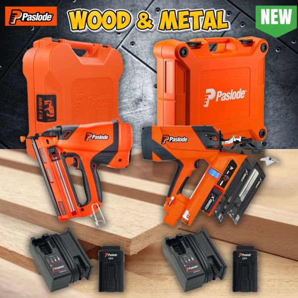 Paslode Combi Xi 2-In-1 Wood & Metal First-Fix Framing Nailer & Paslode IM65A F16 Angled Second Fix Finishing Nail Gun, 2x 2.1Ah Batteries, 2x Chargers & 2x Cases