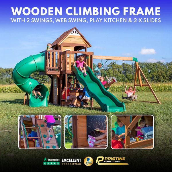 Backyard Discovery Cedar Cove Wooden Climbing Frame with 2 x Swings, Web Swing Play Kitchen and 2 x Slides #2