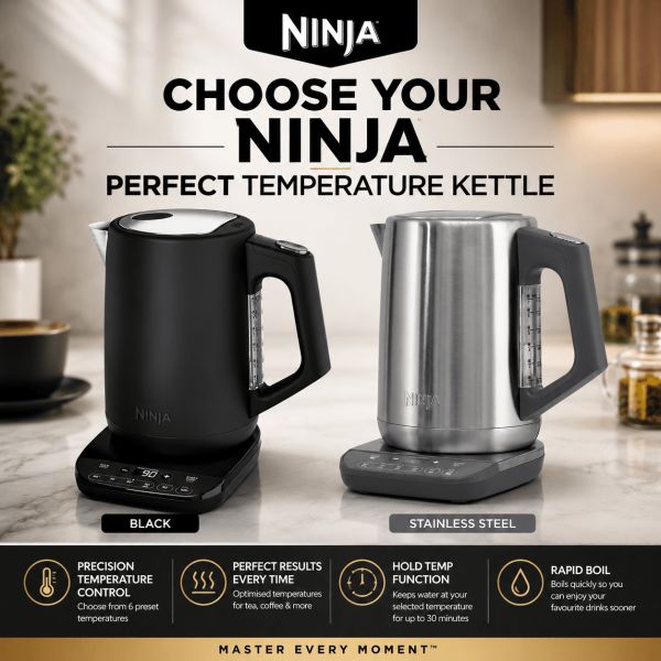 Auto Draw – Ninja Perfect Temperature Kettle with Temperature Selector – Stainless Steel or Black