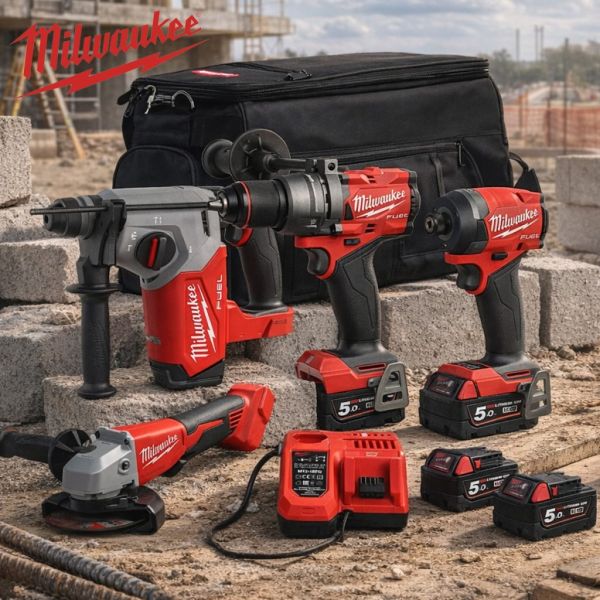Milwaukee 4 Piece Power Tool Bundle with Batteries, Charger & Bag