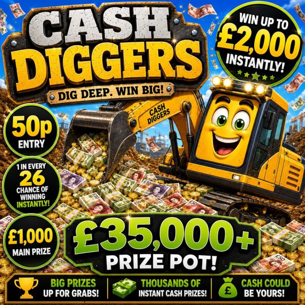 🚧 Cash Diggers  – £1,000 End Prize + 1 In 26 Odds Instant Wins 🎰