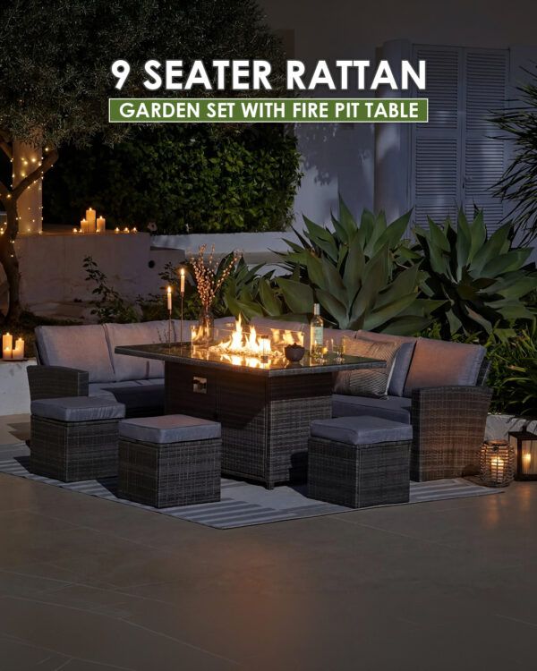 9 Seater Rattan Garden Set with Fire Pit Table
