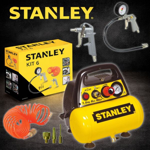 Auto Draw – Stanley DN 200/8/6 Portable Small Compressor + 6 Piece Air Tool Kit