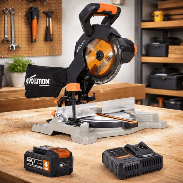 Auto Draw – Evolution R185CMS-Li 18V 185mm Compound Mitre Saw, 4.0Ah Battery, Charger & Spare Blade