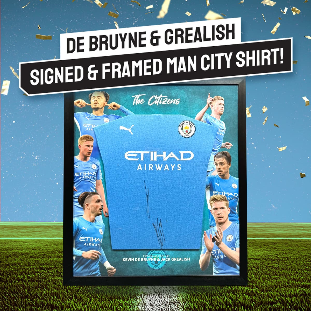 Man City Competition! Win this De Bruyne & Grealish signed & custom framed shirt!