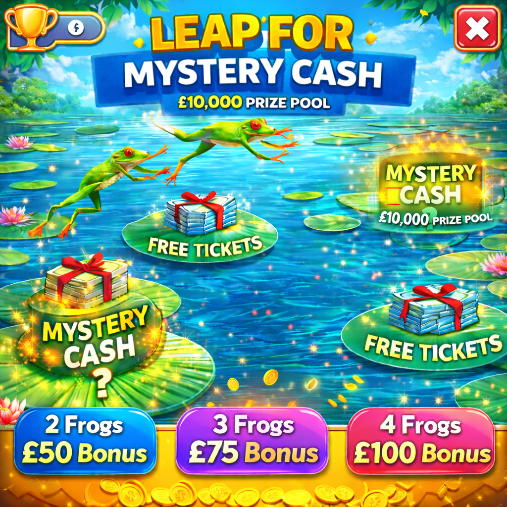 LEAP FOR MYSTERY CASH, FIND MULTIPLE FROGS FOR BONUS WINS – £500 END PRIZE