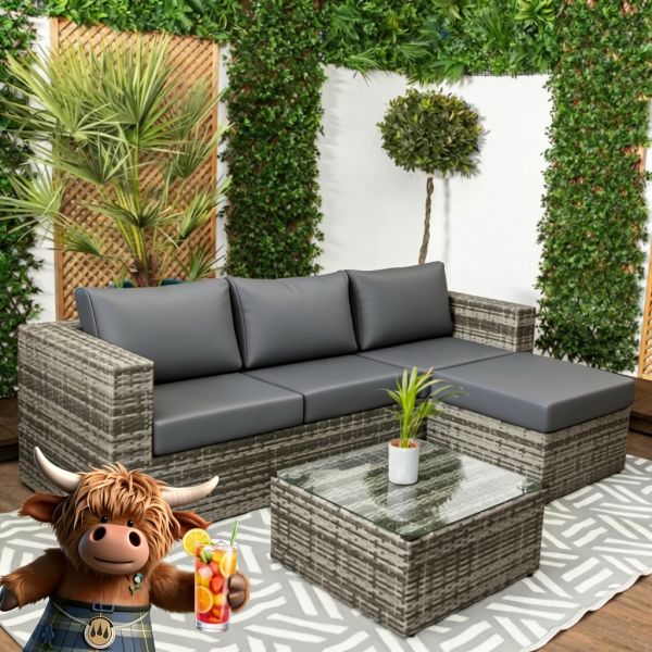 Rattan Sofa Set with Glass Topped Coffee Table, Stool & Cushions