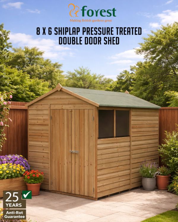 8 x 6 Shiplap Pressure Treated Double Door Shed