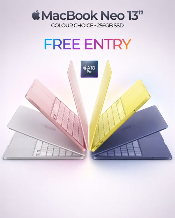 FREE ENTRY – 13” MacBook NEO, A18, 256GB SSD