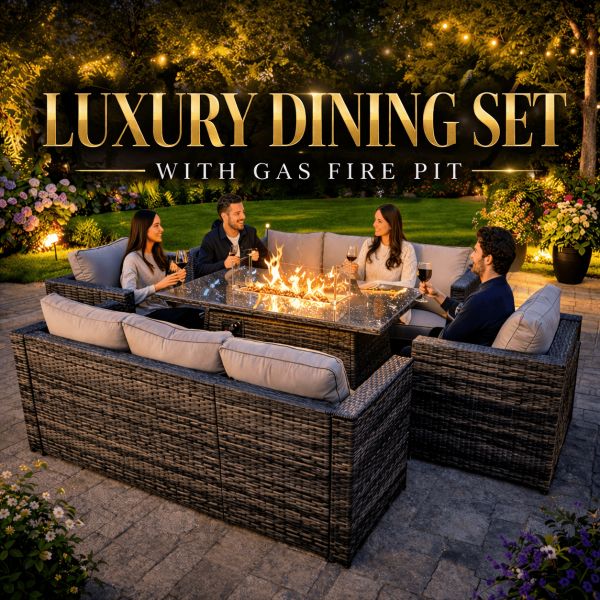 Luxury 8-Seater Garden Dining Set with Gas Fire Pit Table – RRP £1,500